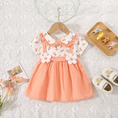Vestido de verano para niña de 0 a 3 años, de algodón, con estampado floral, de dos piezas y tirantes finos, de manga corta.