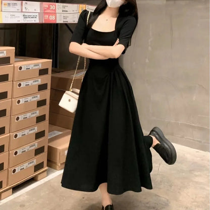 Vestido francés de talla grande, color liso, elegante, ajustado, con cintura adelgazante y cuello cuadrado, nuevo estilo de verano para mujeres regordetas.