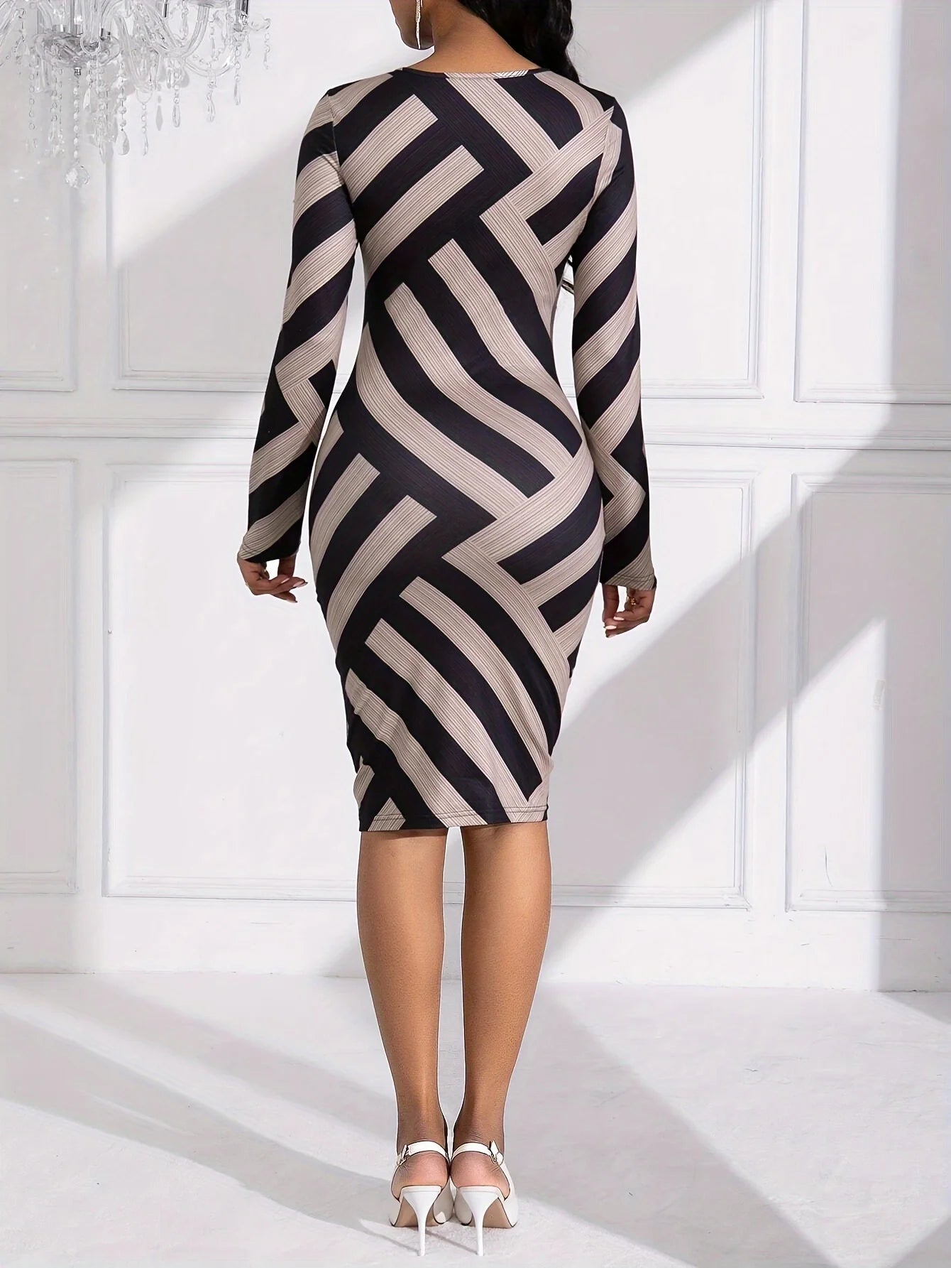 Women Elegant Colorblock Stripe Printed Dress African  OL Casual Round Sexy Long Sleeved Elastic Force Slim Dresses Vestidos