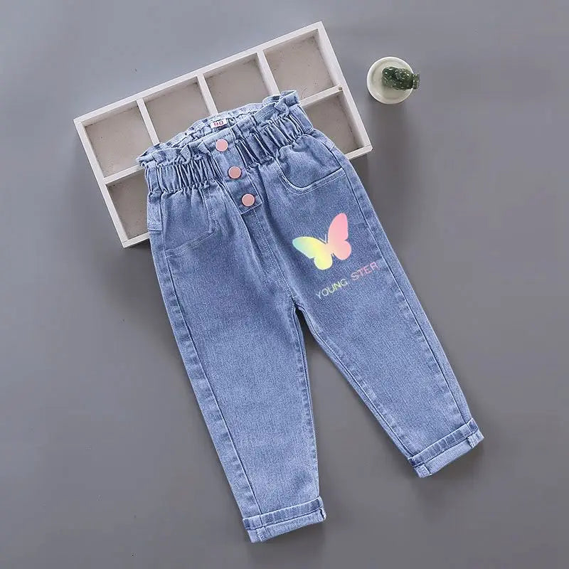 Pantalones vaqueros largos con estampado floral de dibujos animados para niñas, pantalones casuales con agujeros y estampado de grafiti para primavera y otoño