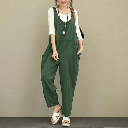Enterizo sencillo sin mangas con pantalones largos para mujer, de verano, de algodón fino con bolsillos, informal, multicolor, con cuello en V y tirantes