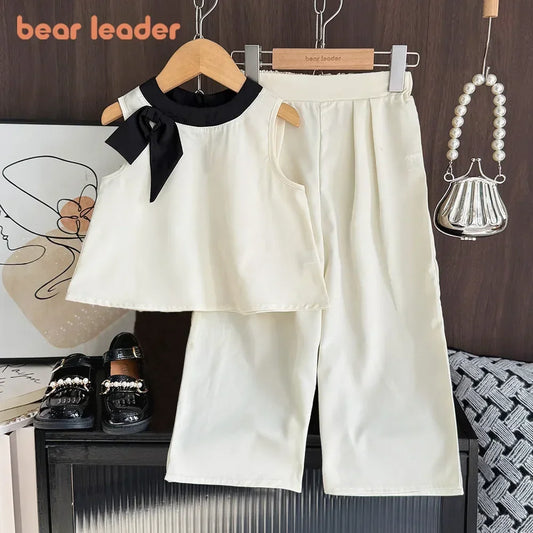 Bear Leader 2025 - Conjunto de 2 piezas para niñas de 3 a 7 años, versión coreana, con top sin mangas y pantalones anchos, con lazo 3D