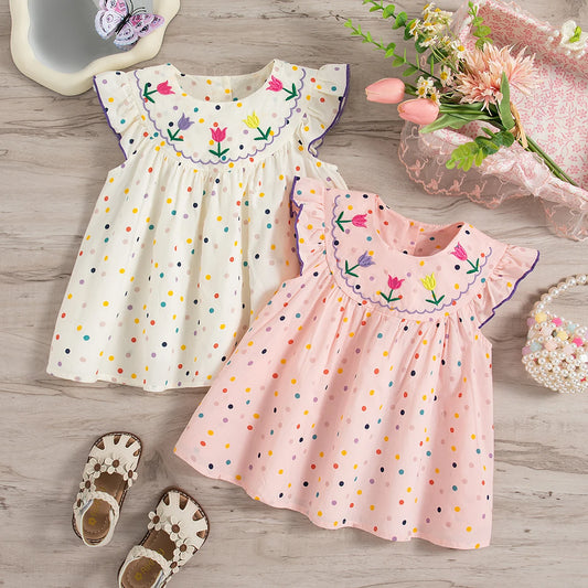 Vestido de verano para niña con lunares coloridos y bordado de flores, vestido de princesa para niña, bonitos vestidos de playa para niña.