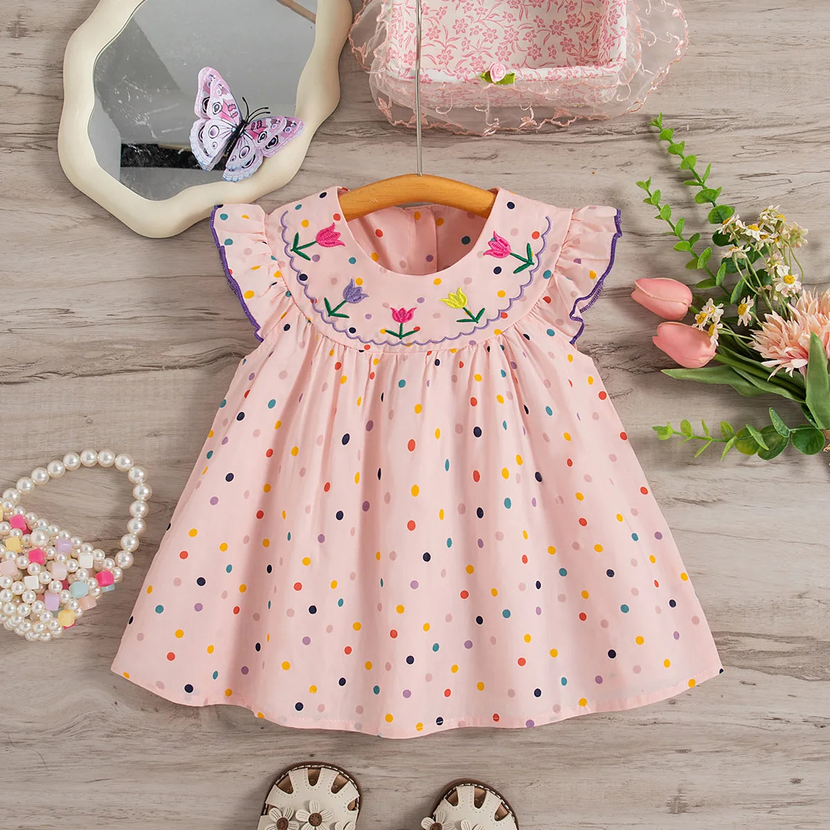 Vestido de verano para niña con lunares coloridos y bordado de flores, vestido de princesa para niña, bonitos vestidos de playa para niña.