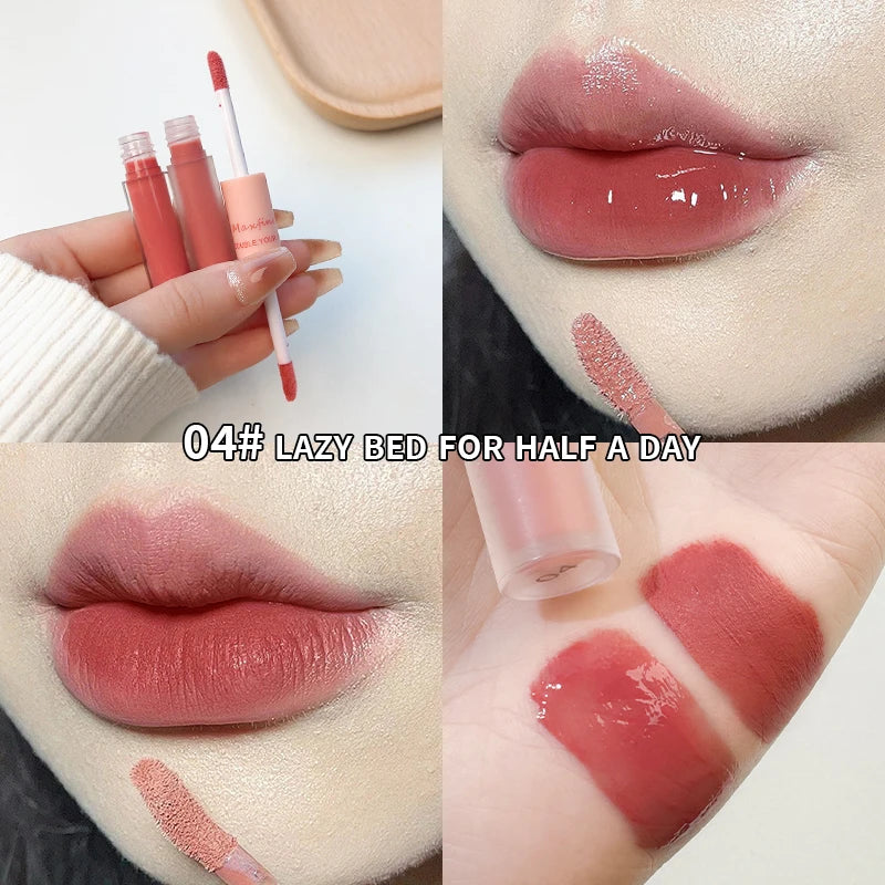 Brillo labial de doble punta, brillo total, espejo y terciopelo mate, color e hidratación de larga duración, brillo labial cosmético antimanchas.