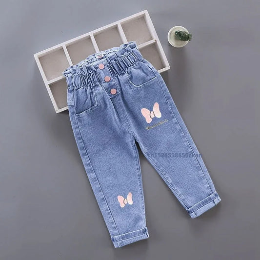 Pantalones vaqueros largos con estampado floral de dibujos animados para niñas, pantalones casuales con agujeros y estampado de grafiti para primavera y otoño