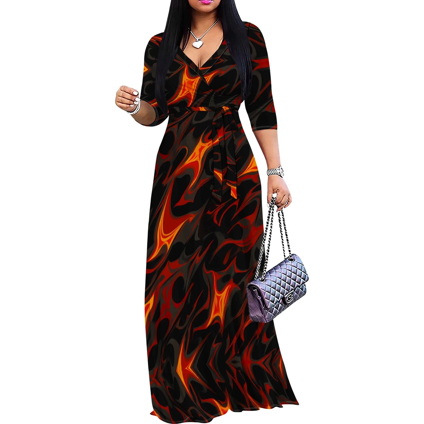 Blue Swirl Print Wrap Maxi Dress S-3XL | Elegant V-Neck Dress for Casual Outings, Parties, and Summer Events