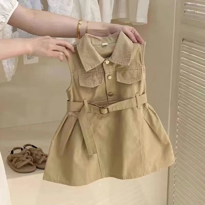 Vestidos de verano sin mangas para niñas, estilo rompevientos, con cintura elástica y colores sólidos, para el trabajo