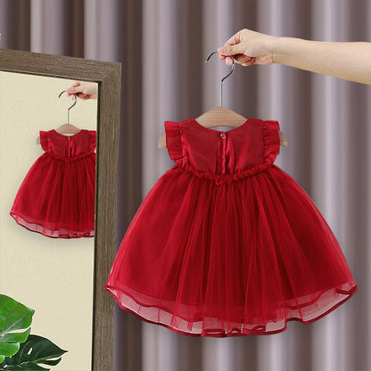 Ropa para niños, vestido de niña, nuevo estilo de verano, vestido de princesa con mangas voladoras y lazo para bebé, vestido de noche infantil con hilo de nubes
