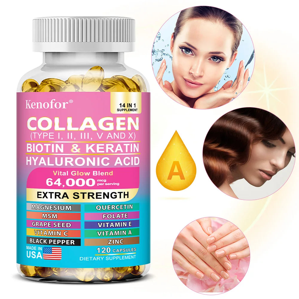 Colágeno Kenofor 1000 mg con biotina 10 000 mcg, queratina, ácido hialurónico, vitamina C, fórmula saludable, suplemento dietético sin gluten.