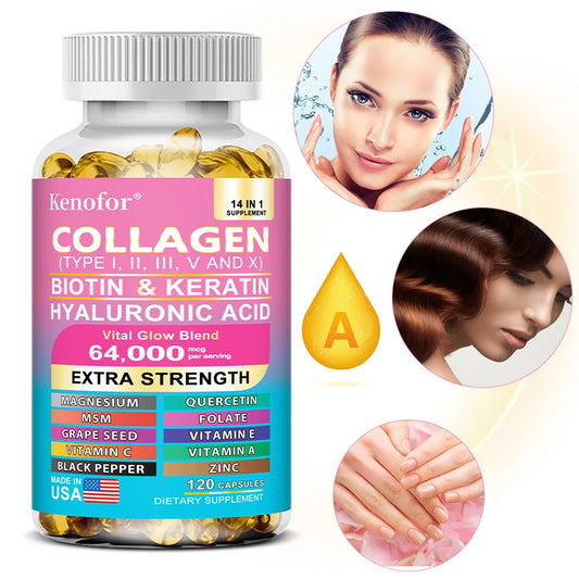 Colágeno Kenofor 1000 mg con biotina 10 000 mcg, queratina, ácido hialurónico, vitamina C, fórmula saludable, suplemento dietético sin gluten.