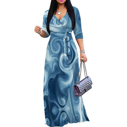 Blue Swirl Print Wrap Maxi Dress S-3XL | Elegant V-Neck Dress for Casual Outings, Parties, and Summer Events