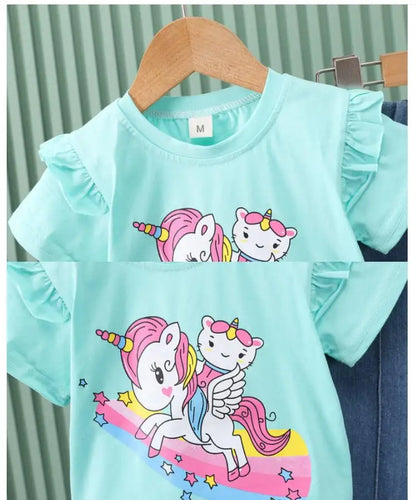 Conjunto de verano para niñas de 0 a 4 años, nuevo, con estampado de dibujos animados, manga corta y pantalones vaqueros, 2025