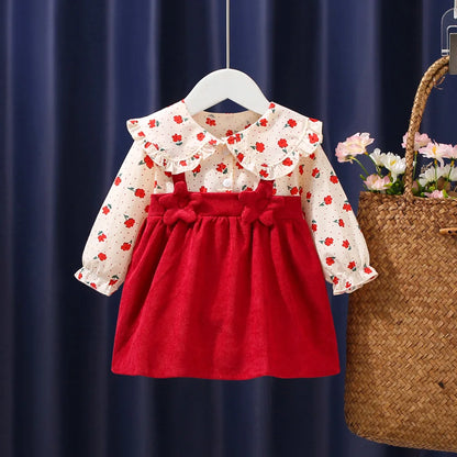Vestido de otoño para niñas recién nacidas, de manga larga, con solapa y flores fragmentadas de dibujos animados, vestido de princesa para bebés, vestido con tirantes de flores