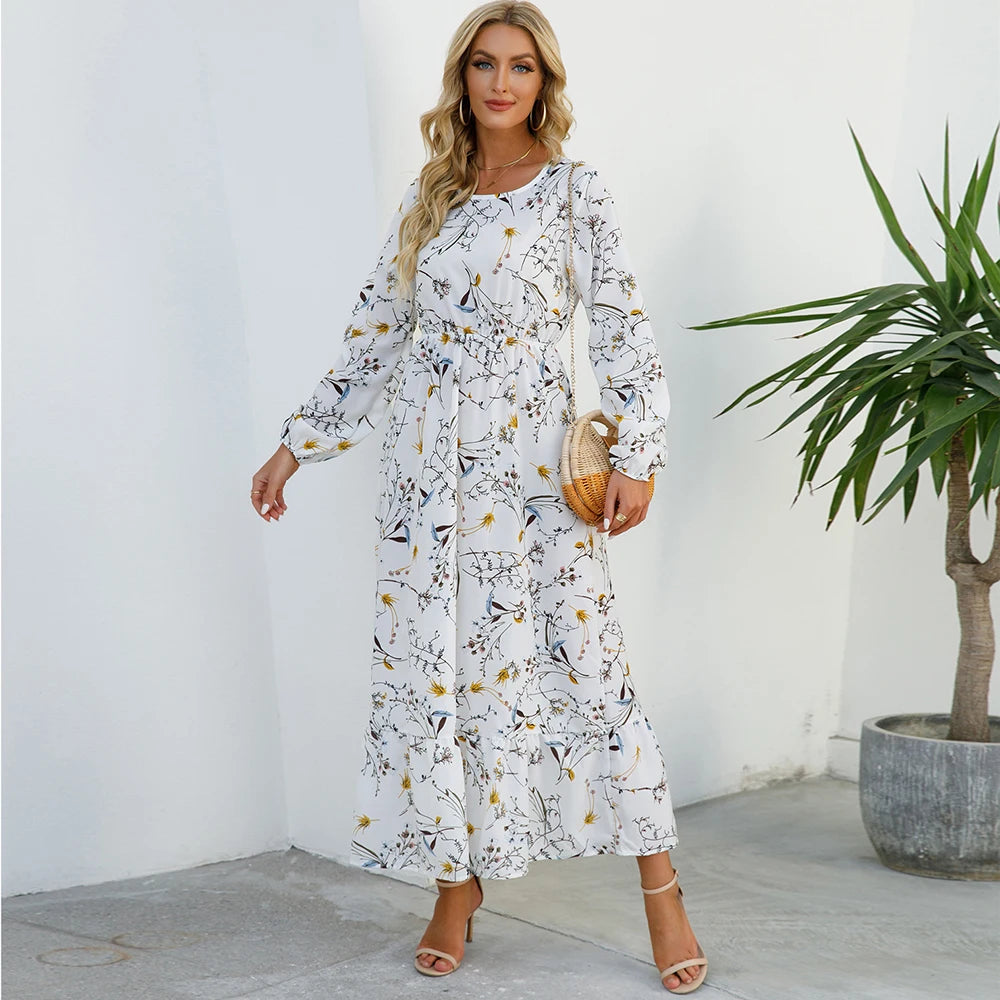 Vestidos largos bohemios informales de manga larga y cintura alta para mujer, de gasa, para playa, primavera y otoño, con estampado floral