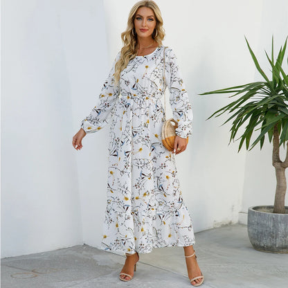 Vestidos largos bohemios informales de manga larga y cintura alta para mujer, de gasa, para playa, primavera y otoño, con estampado floral