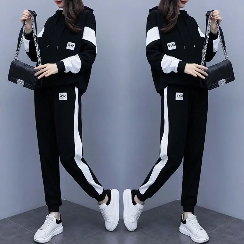 Conjunto deportivo de dos piezas para mujer, informal, holgado y a la moda, de talla grande, para primavera y otoño, nuevo estilo, 200 libras, ropa femenina de talla grande.