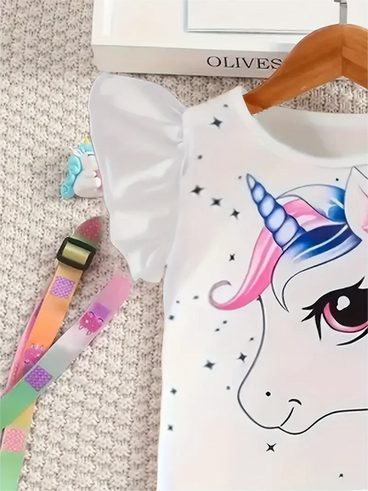 Conjunto de moda de verano para niñas, camiseta de unicornio de dibujos animados con peplum de 2 piezas y pantalones de campana con estampado de mezclilla sintética