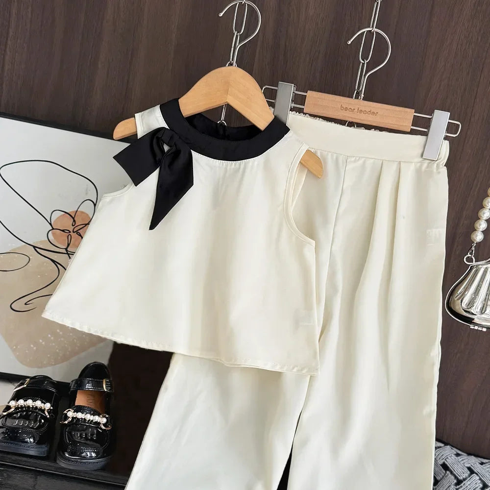 Bear Leader 2025 - Conjunto de 2 piezas para niñas de 3 a 7 años, versión coreana, con top sin mangas y pantalones anchos, con lazo 3D