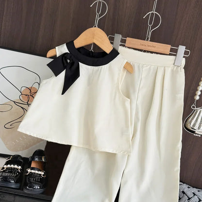 Bear Leader 2025 - Conjunto de 2 piezas para niñas de 3 a 7 años, versión coreana, con top sin mangas y pantalones anchos, con lazo 3D