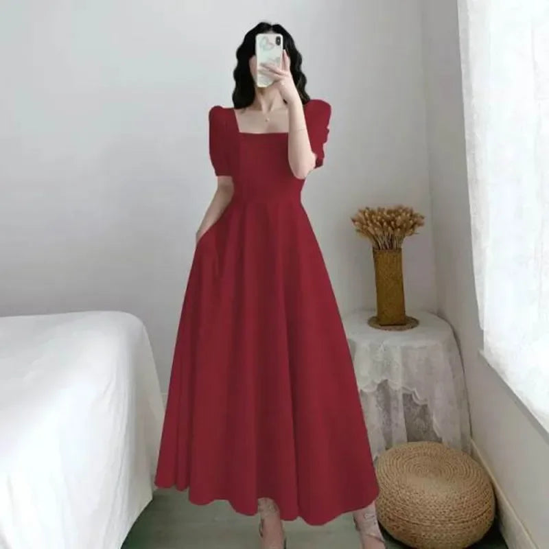 Vestido blanco ajustado para mujer, manga abullonada, cuello cuadrado, estilo ligero y a la moda, falda larga informal de verano, estilo coreano