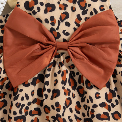 Vestido de verano para niña con estampado de leopardo y lazo decorativo, con tirantes, bonito vestido de fiesta para niña