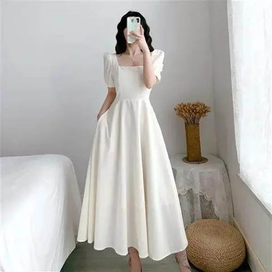 Vestido blanco ajustado para mujer, manga abullonada, cuello cuadrado, estilo ligero y a la moda, falda larga informal de verano, estilo coreano