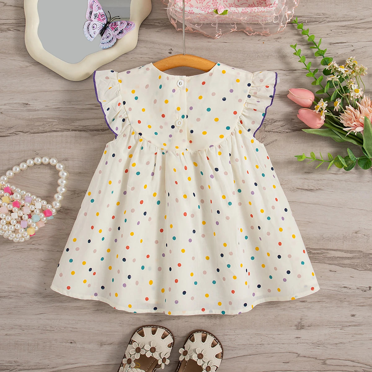 Vestido de verano para niña con lunares coloridos y bordado de flores, vestido de princesa para niña, bonitos vestidos de playa para niña.