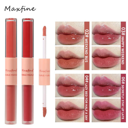 Brillo labial de doble punta, brillo total, espejo y terciopelo mate, color e hidratación de larga duración, brillo labial cosmético antimanchas.