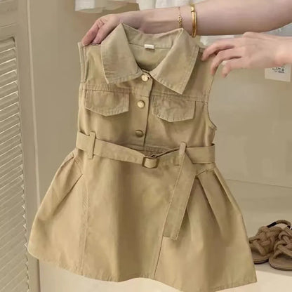 Vestidos de verano sin mangas para niñas, estilo rompevientos, con cintura elástica y colores sólidos, para el trabajo