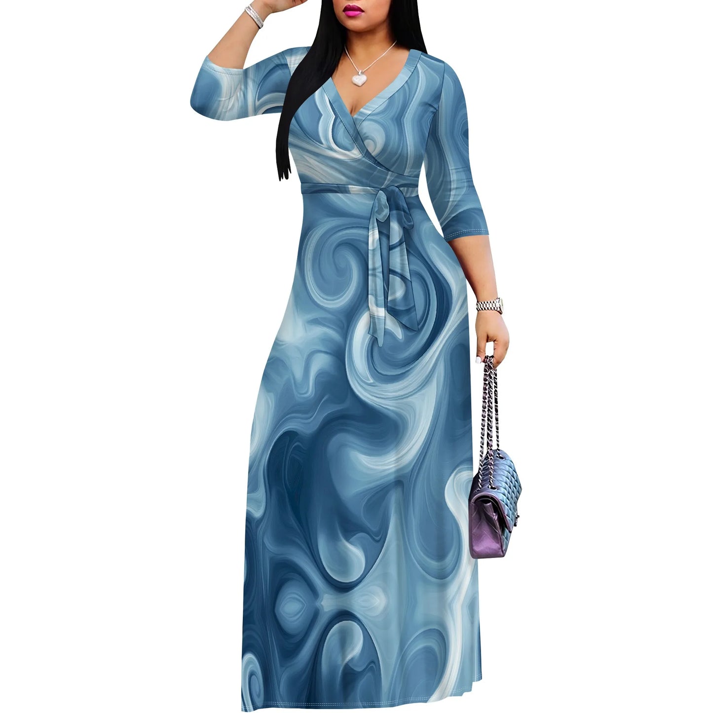Blue Swirl Print Wrap Maxi Dress S-3XL | Elegant V-Neck Dress for Casual Outings, Parties, and Summer Events
