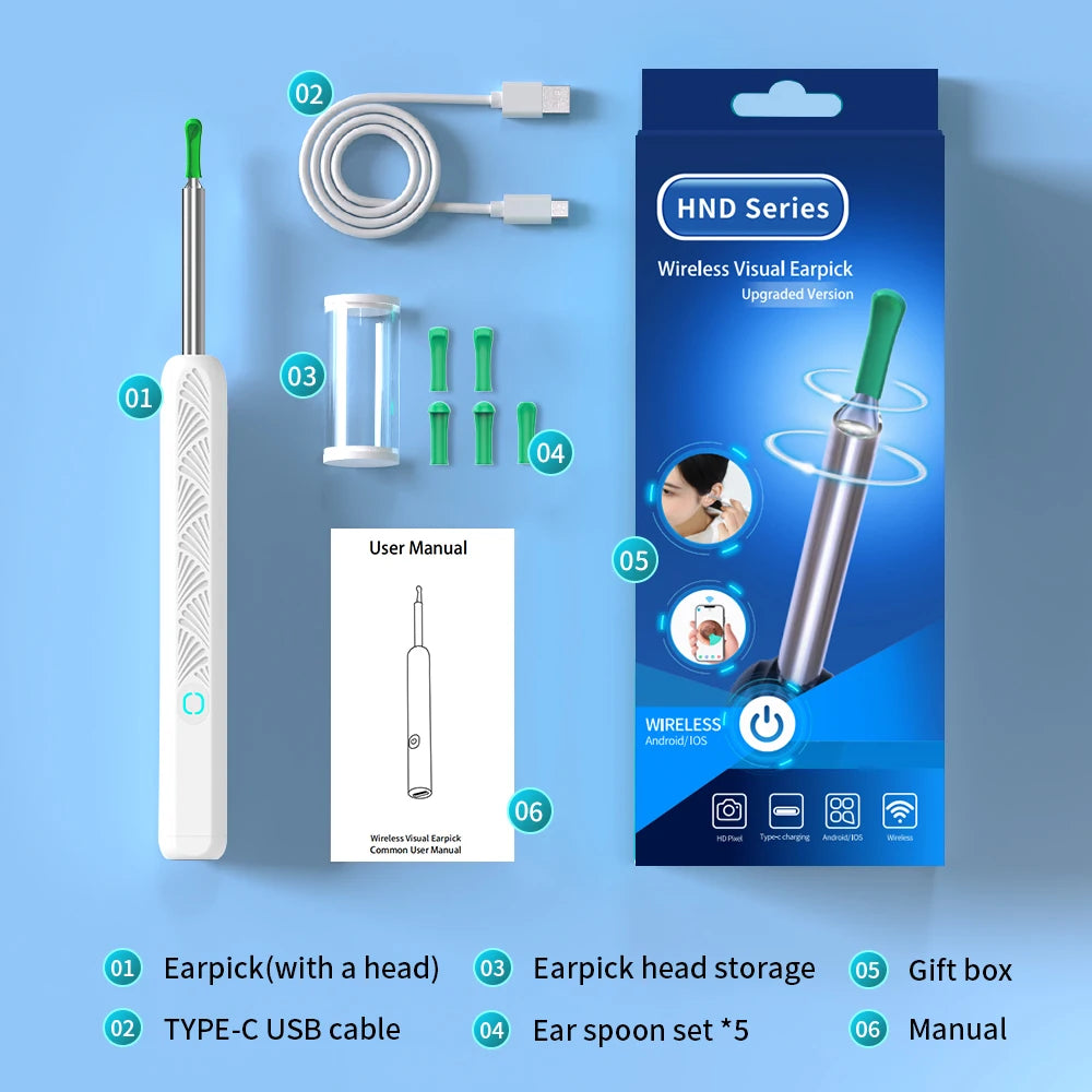 Limpiador de oídos con cámara, otoscopio inalámbrico con carga USB C, endoscopio, herramienta para eliminar cera, minicámara