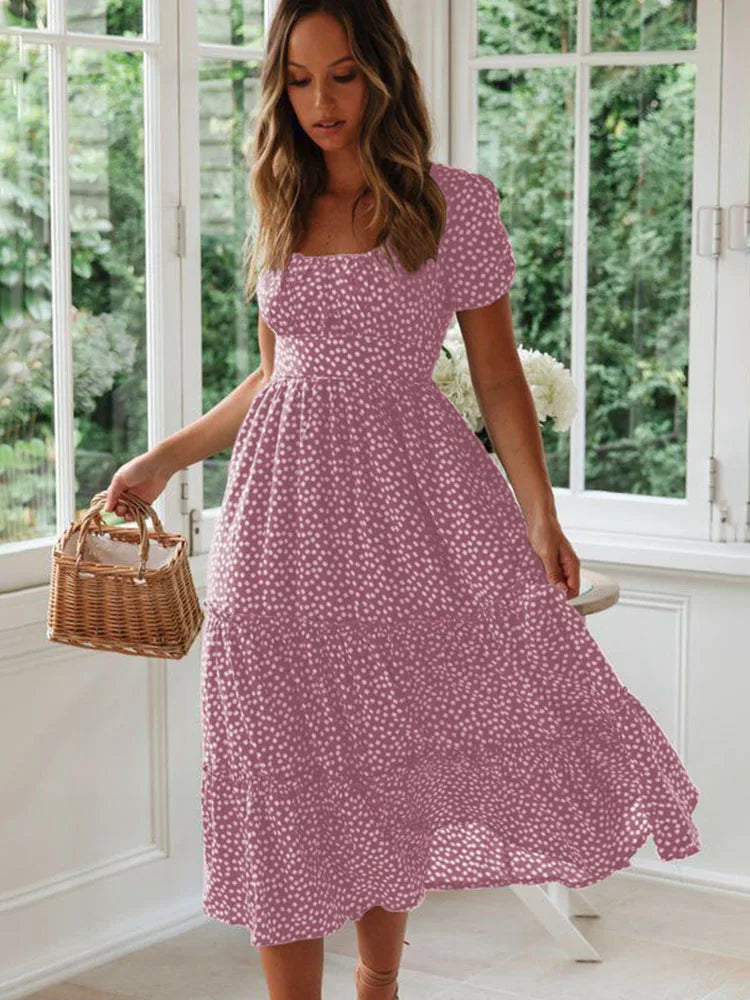 Sexy Square Collar Floral Print Midi Dress 2024 Women's Summer Puff Short Sleeve Ruffles Casual Party Dresses For Women Robe