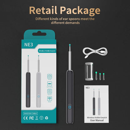 Limpiador de oídos NE3, herramienta de eliminación de cerumen de alta precisión con cámara y luz LED, otoscopio inalámbrico, kit de limpieza de oídos inteligente, el mejor regalo.