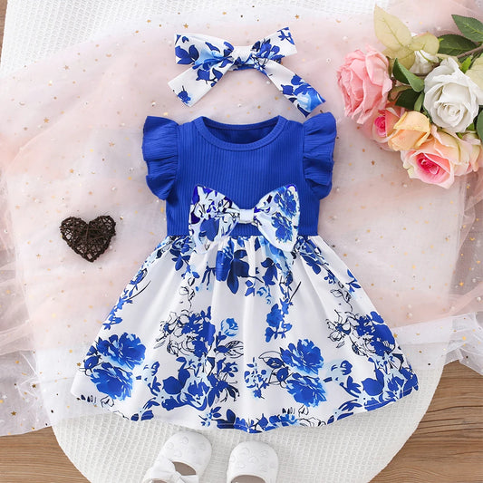 Vestido de verano para niña, nuevo, con mangas cortas y volantes, lazo plisado, cinta azul y blanca, elementos de porcelana, estilo chino, para fiesta de cumpleaños.