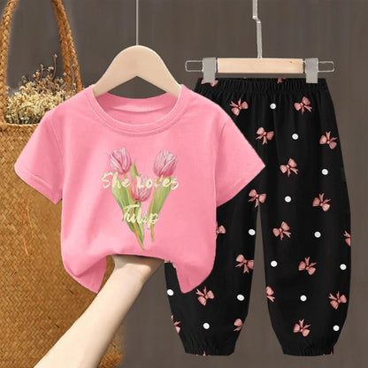 Conjuntos de verano para niñas, ropa para niños pequeños, camiseta de moda, top y pantalones, 2 piezas