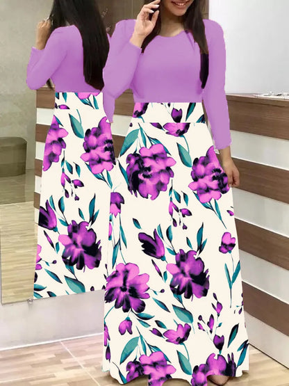 2023 European and American style floral print color matching long sleeved dress, long women's large swing skirt