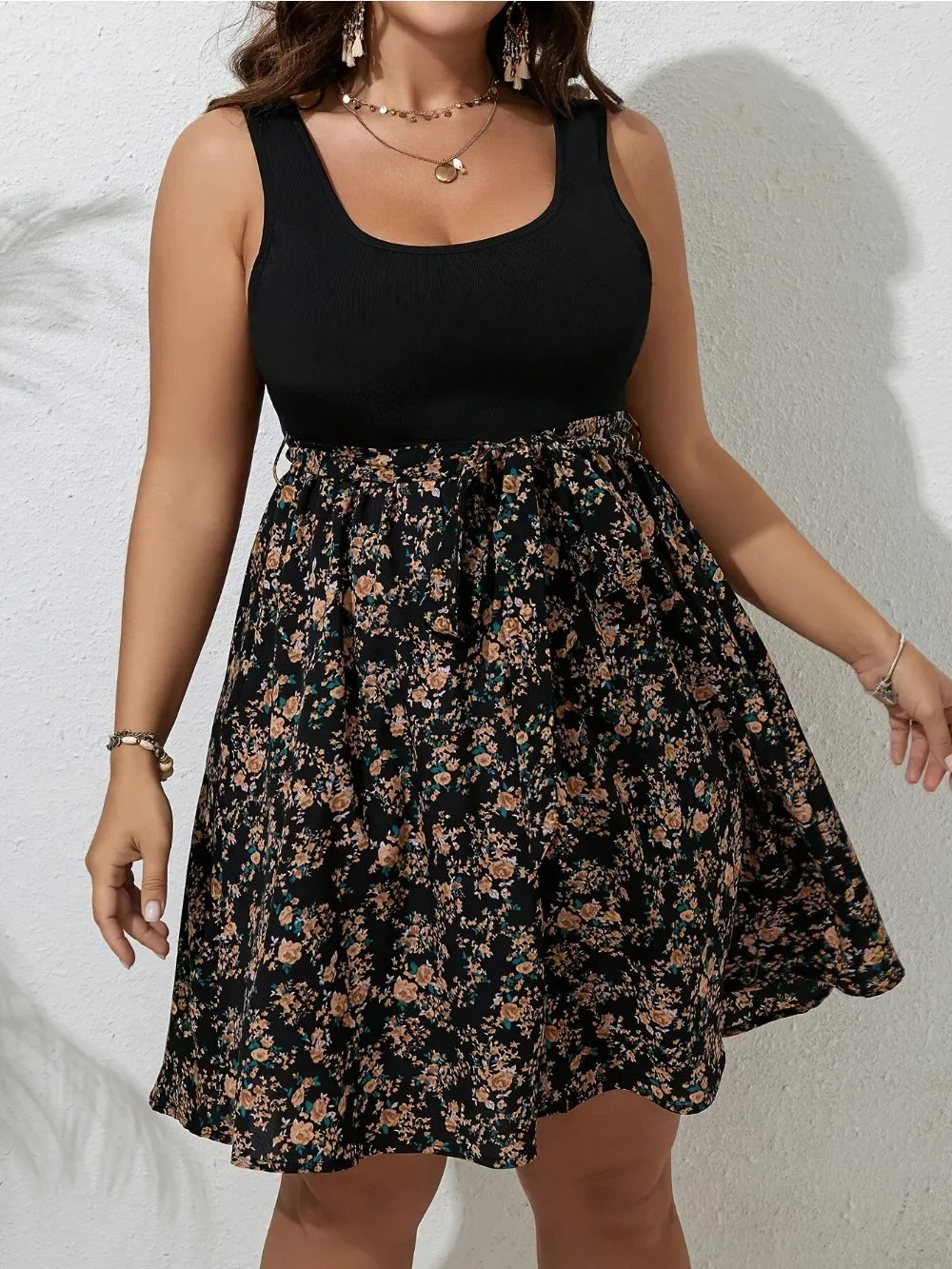 Plus Size Summer Dress Knit Floral Printed Dresses for Women Sleeveless Knee Length Big Size Tummy Control Casual Elegant Dress