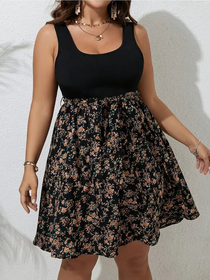 Plus Size Summer Dress Knit Floral Printed Dresses for Women Sleeveless Knee Length Big Size Tummy Control Casual Elegant Dress