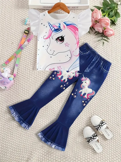 Conjunto de moda de verano para niñas, camiseta de unicornio de dibujos animados con peplum de 2 piezas y pantalones de campana con estampado de mezclilla sintética