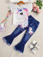 Conjunto de moda de verano para niñas, camiseta de unicornio de dibujos animados con peplum de 2 piezas y pantalones de campana con estampado de mezclilla sintética