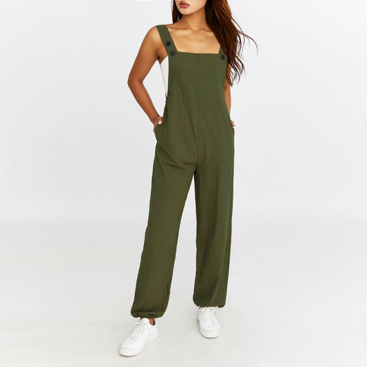 Puloru - Mono informal con tirantes para mujer, liso, sin mangas, cuello cuadrado, pantalones largos con tiras y bolsillos, ropa de calle