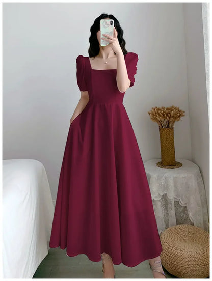 Vestido blanco ajustado para mujer, manga abullonada, cuello cuadrado, estilo ligero y a la moda, falda larga informal de verano, estilo coreano