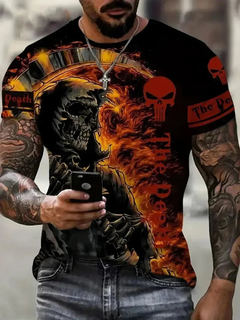 Camiseta de manga corta con estampado 3D de calavera de terror, estilo hip hop callejero, cuello redondo, holgada e informal, para verano, 2025
