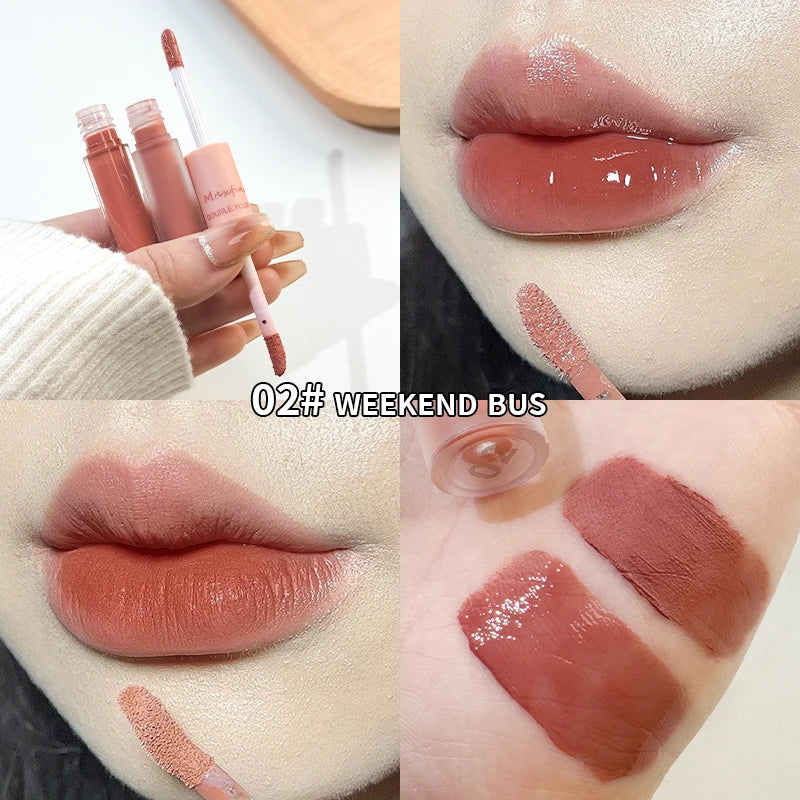 Brillo labial de doble punta, brillo total, espejo y terciopelo mate, color e hidratación de larga duración, brillo labial cosmético antimanchas.