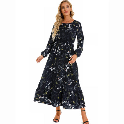Vestidos largos bohemios informales de manga larga y cintura alta para mujer, de gasa, para playa, primavera y otoño, con estampado floral