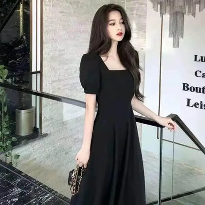 Vestido blanco ajustado para mujer, manga abullonada, cuello cuadrado, estilo ligero y a la moda, falda larga informal de verano, estilo coreano