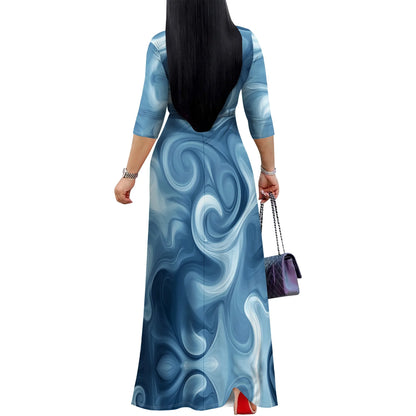 Blue Swirl Print Wrap Maxi Dress S-3XL | Elegant V-Neck Dress for Casual Outings, Parties, and Summer Events