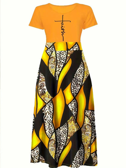 Geo & Faith Print Splicing Dress, Casual Short Sleeve Crew Neck Cinched Waist Dress For Spring & Summer, Women's Clothing