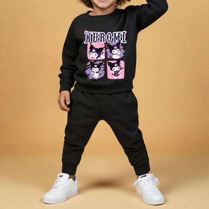 Conjuntos de sudaderas con capucha para niños de Sanrio, otoño y primavera, chándal con estampado de Kuromi para niños y niñas, conjunto de 2 piezas de jersey y pantalón transpirables para niños